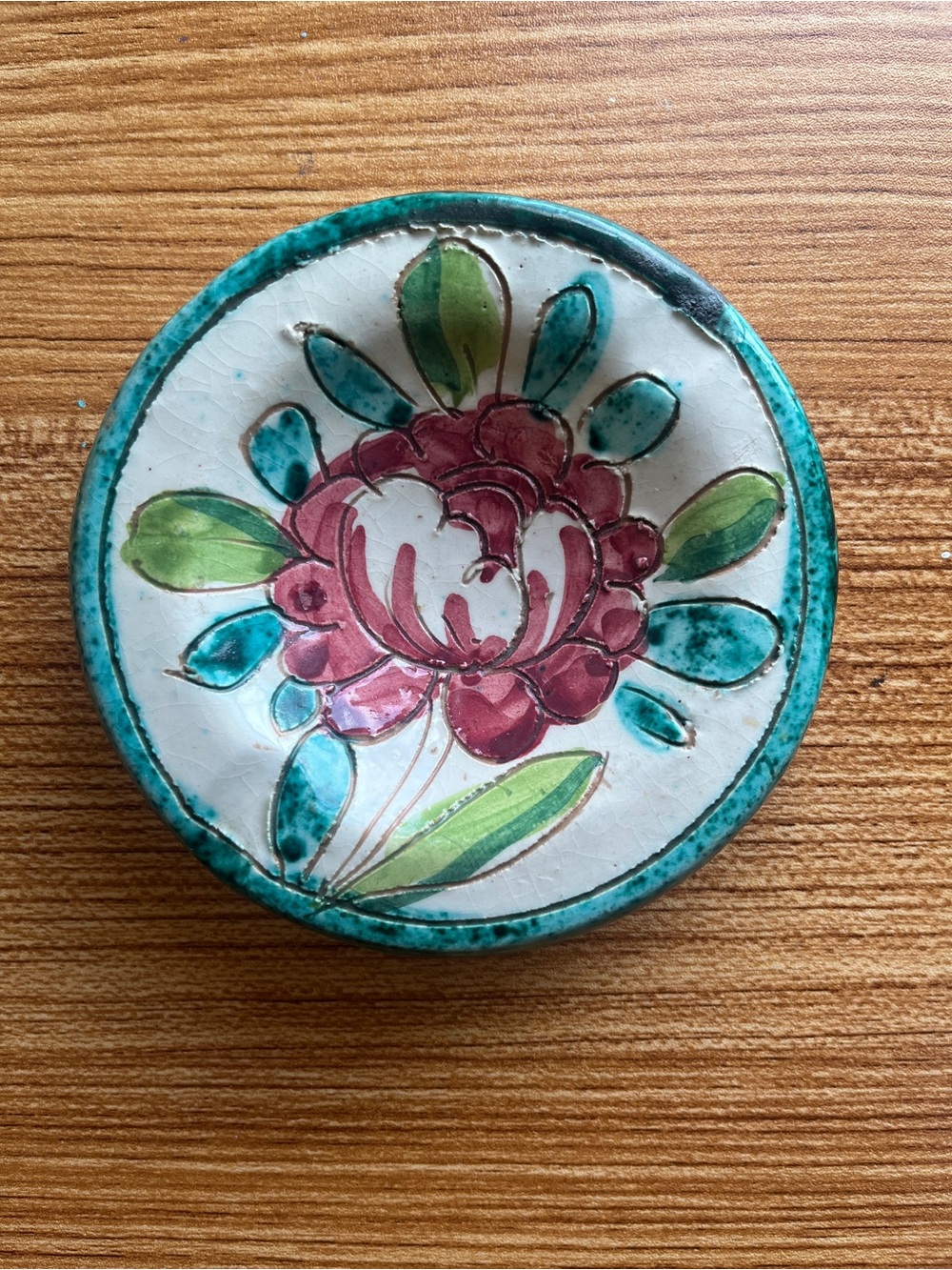 Hand-Painted Floral Ceramic trinket dish  — Teal, Green & Red